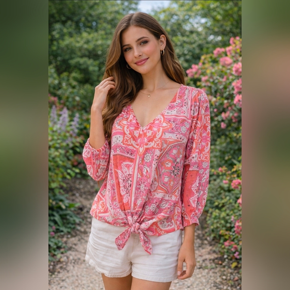 Olivia & Martin Pink Coral Boho V neck Blouse 3/4 sleeves size S *
